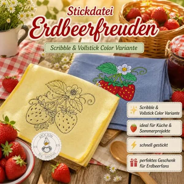 Stickdatei Erdbeerfreuden 🍓 – Scribble & Vollstick