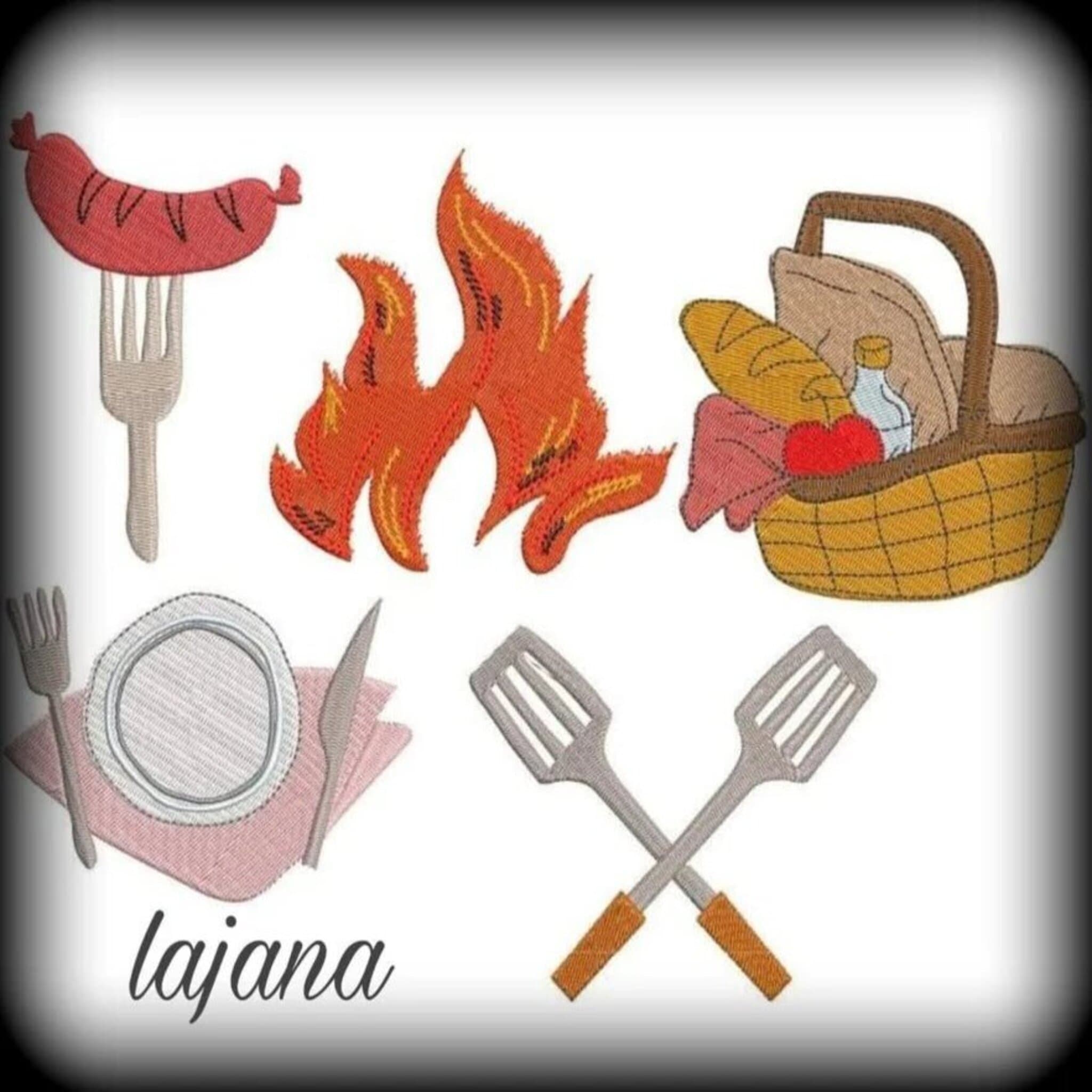 BBQ Grill Stickdatei Set mit 9 Motiven - Perfekt für Grillschürzen, Topflappen und Küchentextilien - Sofort-Download bei stiXXie