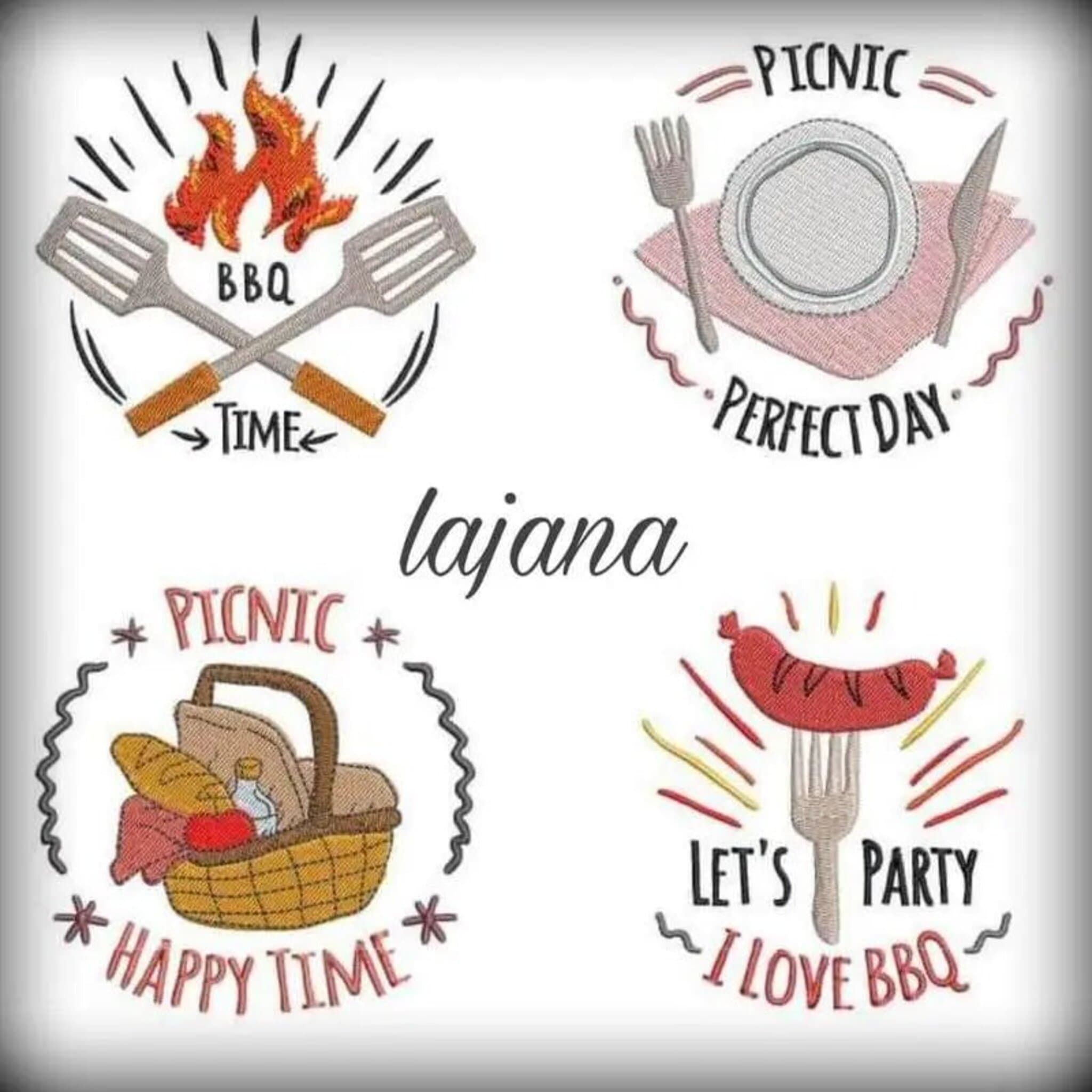 BBQ Grill Stickdatei Set mit 9 Motiven - Perfekt für Grillschürzen, Topflappen und Küchentextilien - Sofort-Download bei stiXXie