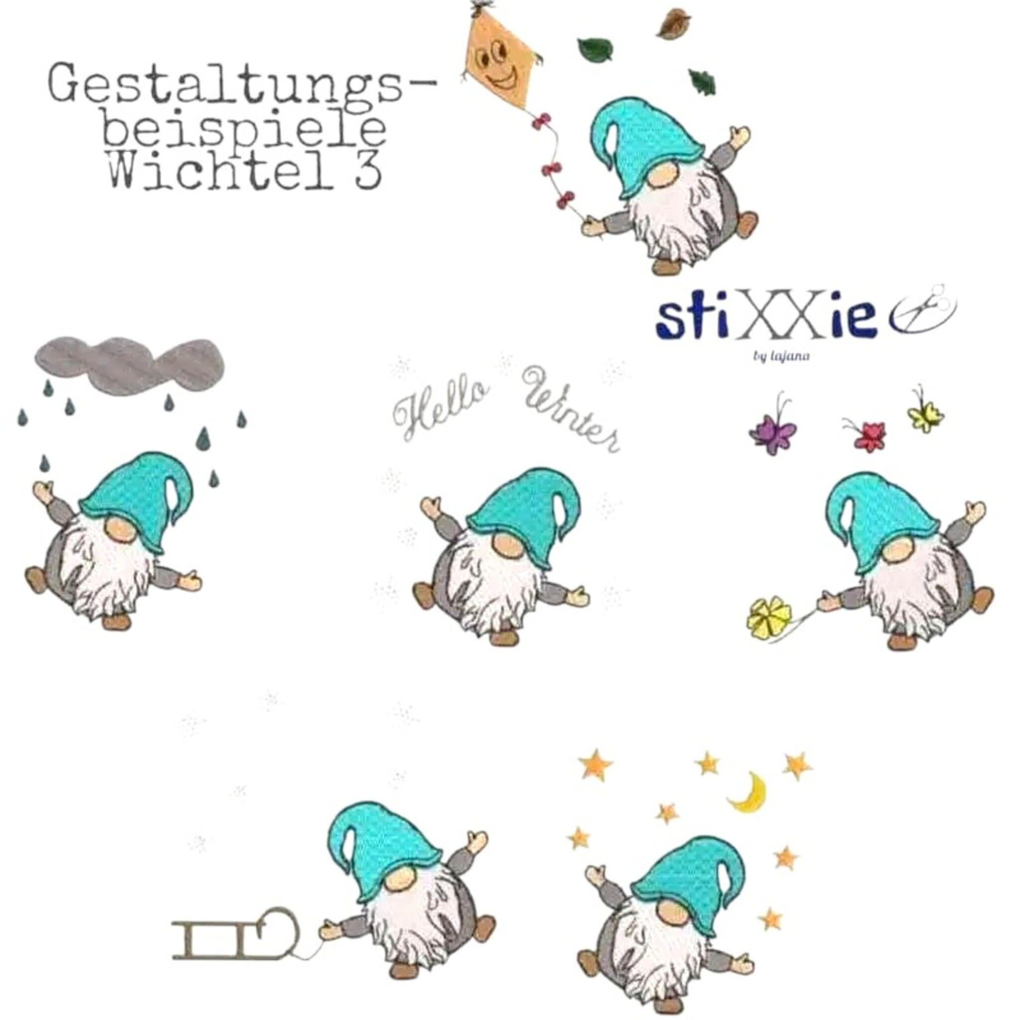 Wichtel Baukasten Set DoodleAppli - 13 Stickdateien mit 4 Grundwichteln und 9 Zubehördateien für ganzjährige Wichtel-Kreationen