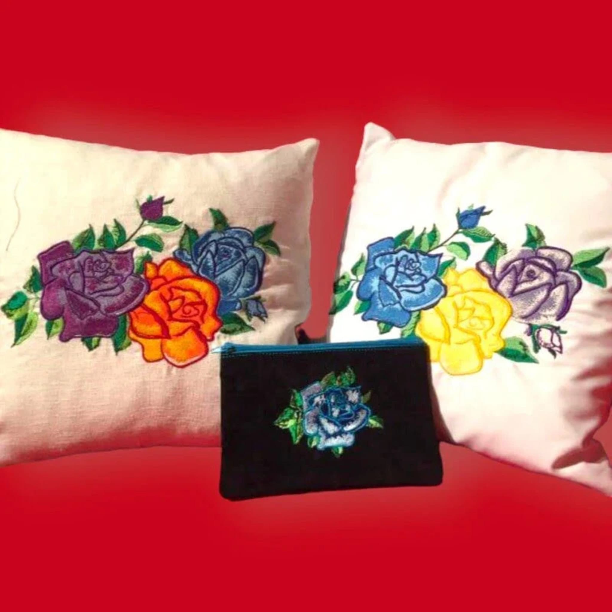  Premium rose arrangement embroidery design with three detailed roses and buds, digitized from original painting, available for instant download in all machine formats