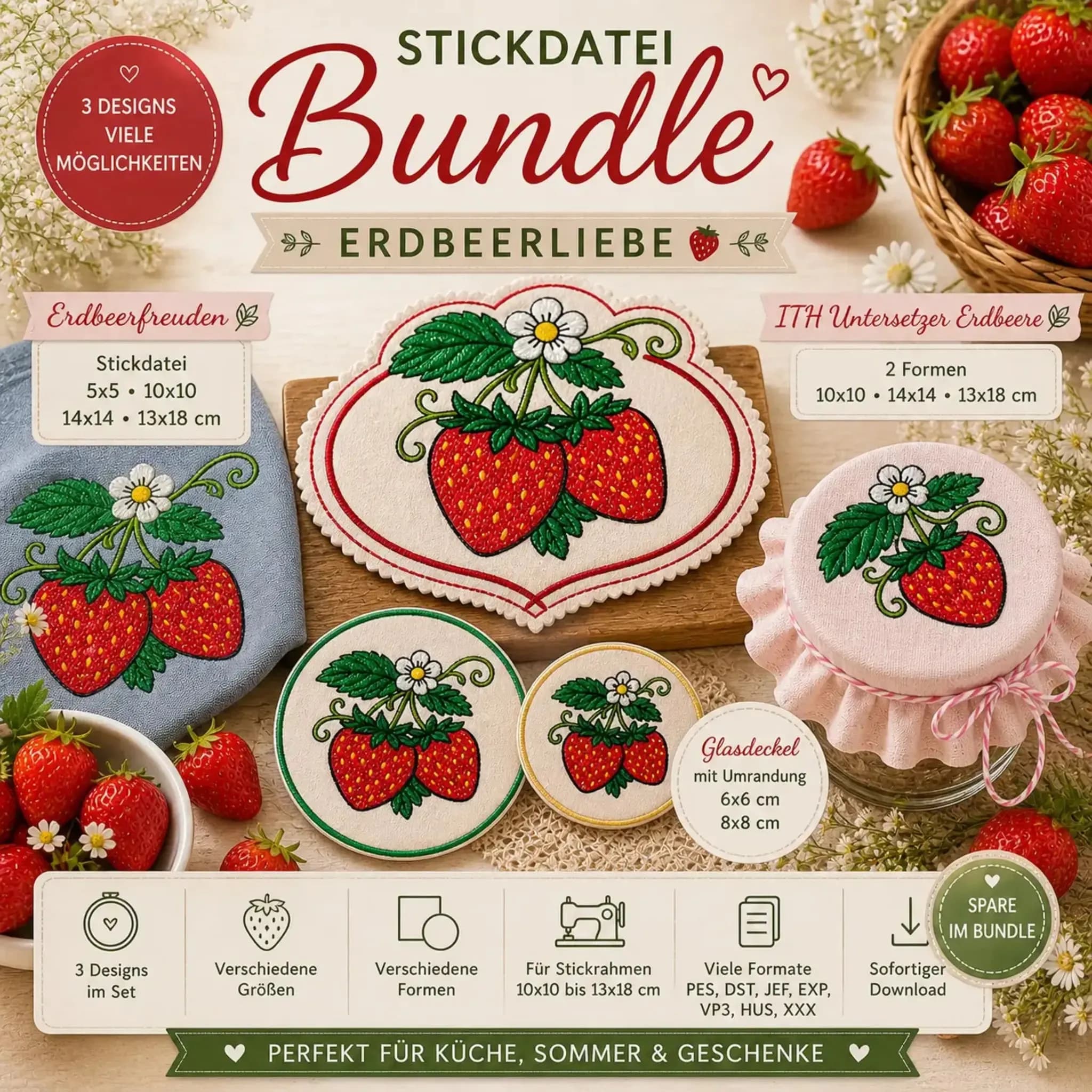 Stickdatei Erdbeerliebe 🍓 – Das große Erdbeer-Bundle