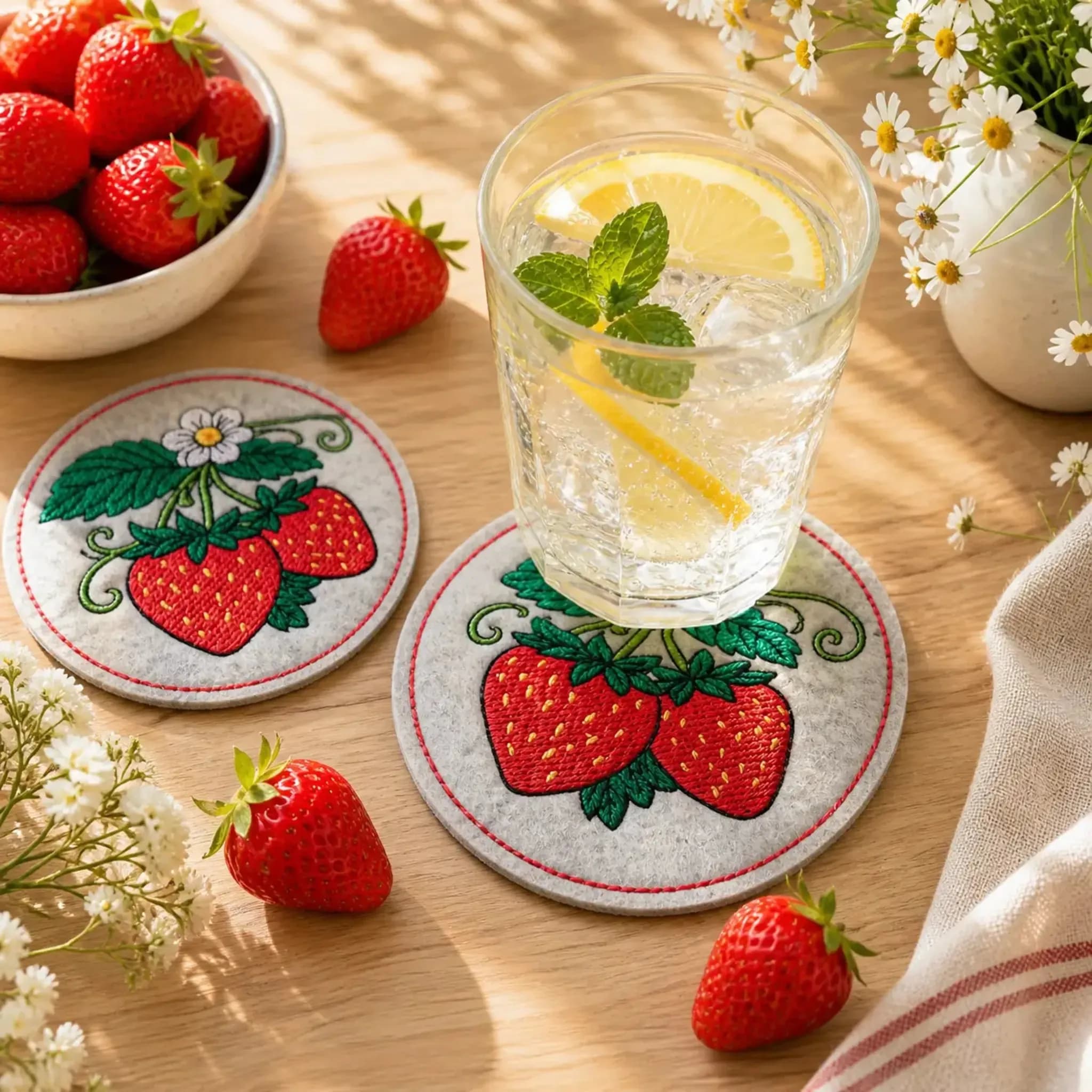 ITH Stickdatei Erdbeer-Untersetzer 🍓 – Runde Untersetzer & Teilapplikation in 3 Größen 4