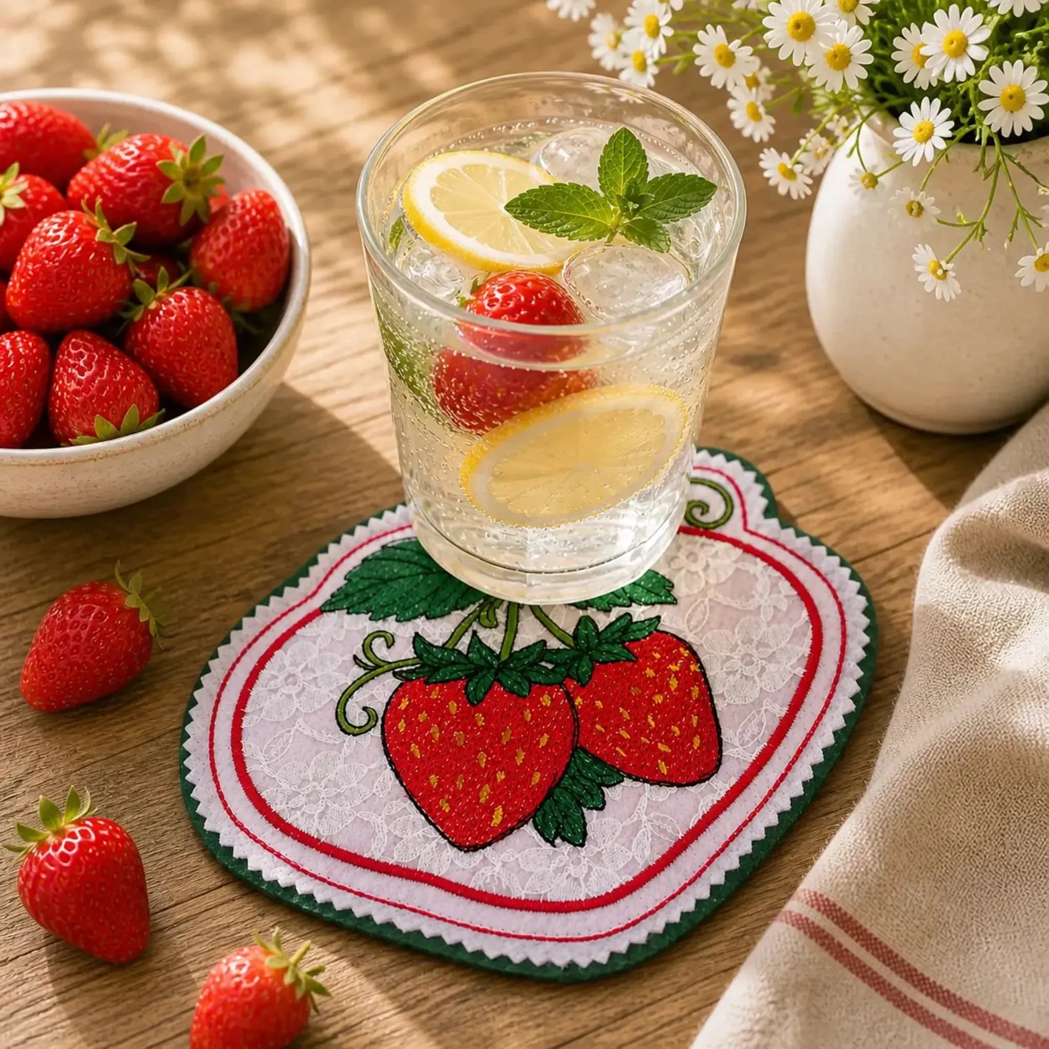 ITH Stickdatei Erdbeer-Untersetzer 🍓 – Runde Untersetzer & Teilapplikation in 3 Größen 2