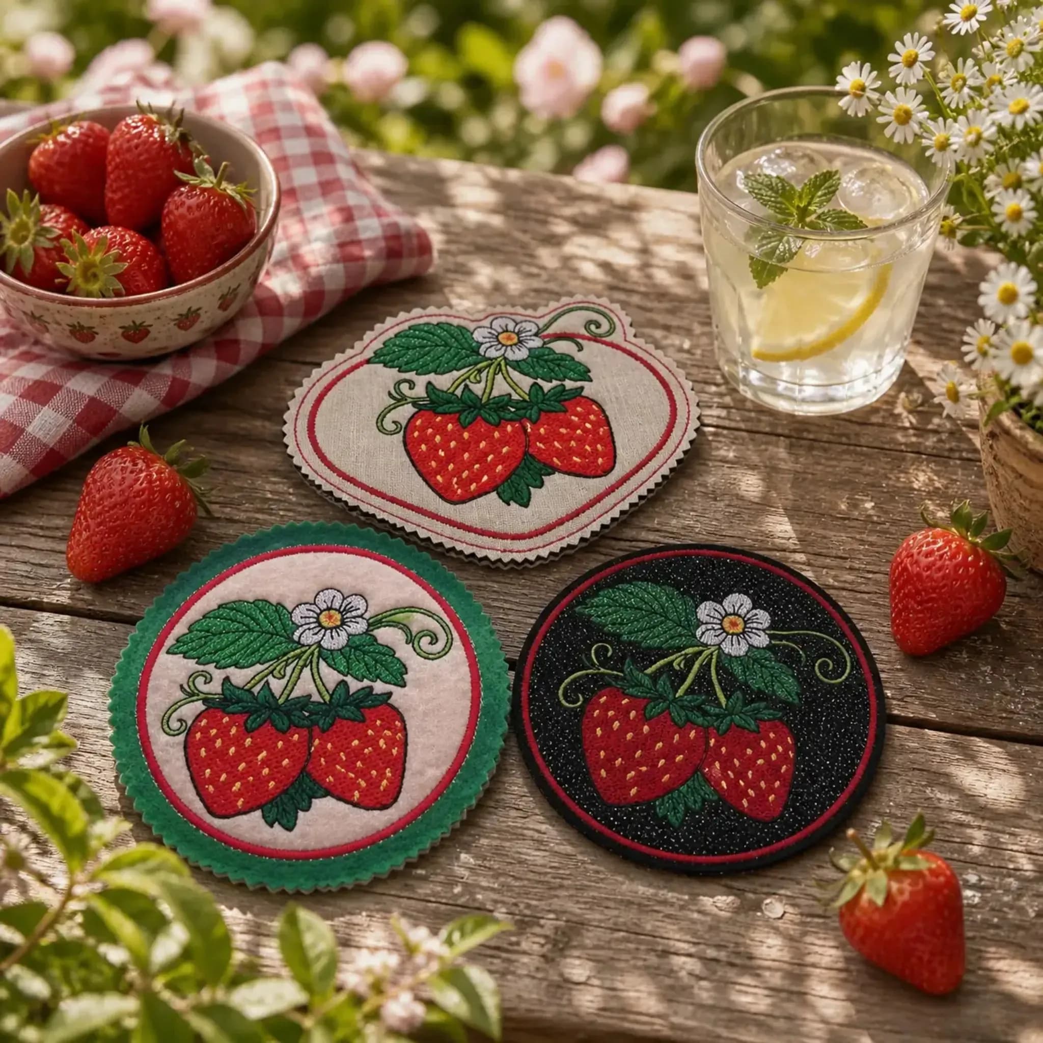 ITH Stickdatei Erdbeer-Untersetzer 🍓 – Runde Untersetzer & Teilapplikation in 3 Größen 5