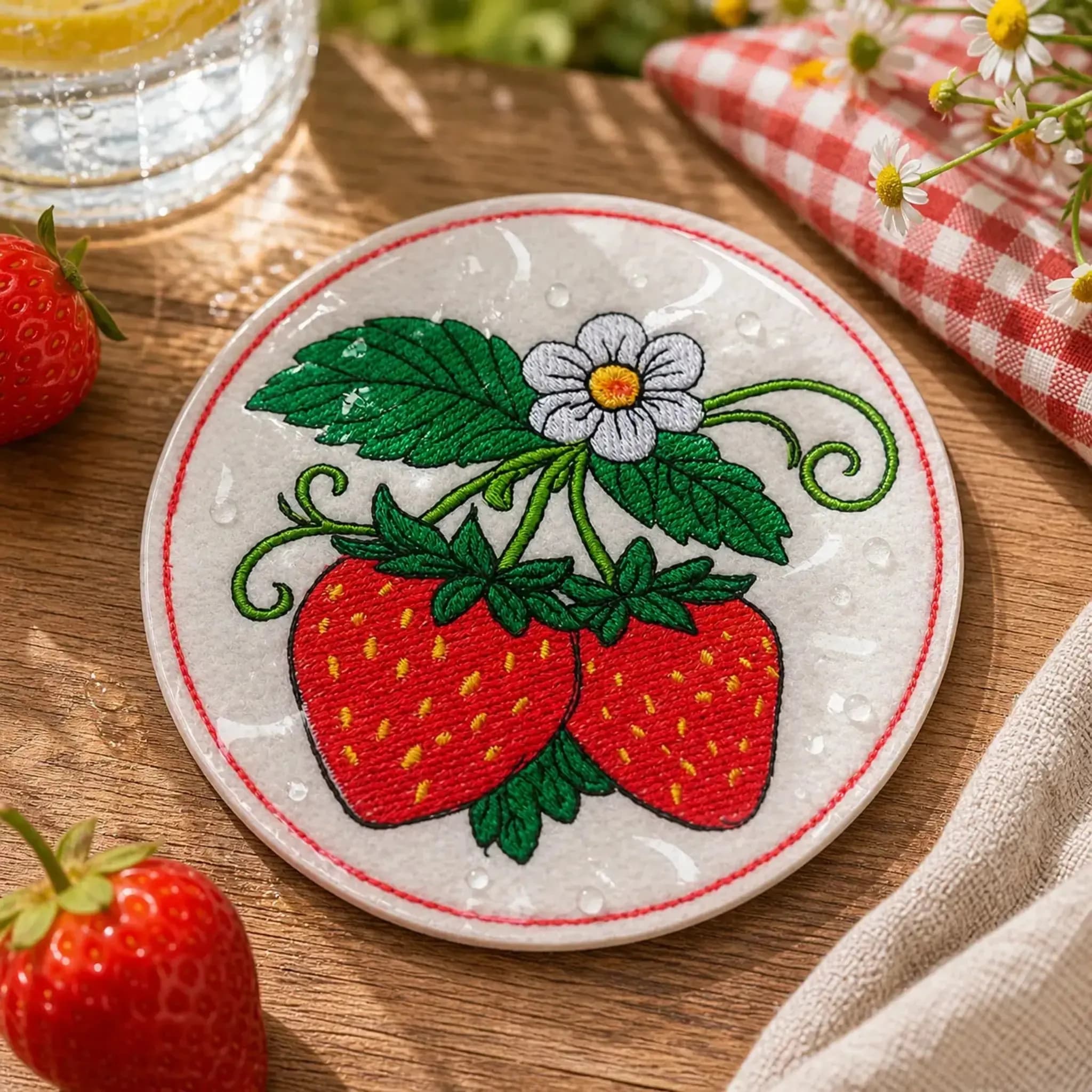 ITH Stickdatei Erdbeer-Untersetzer 🍓 – Runde Untersetzer & Teilapplikation in 3 Größen 3