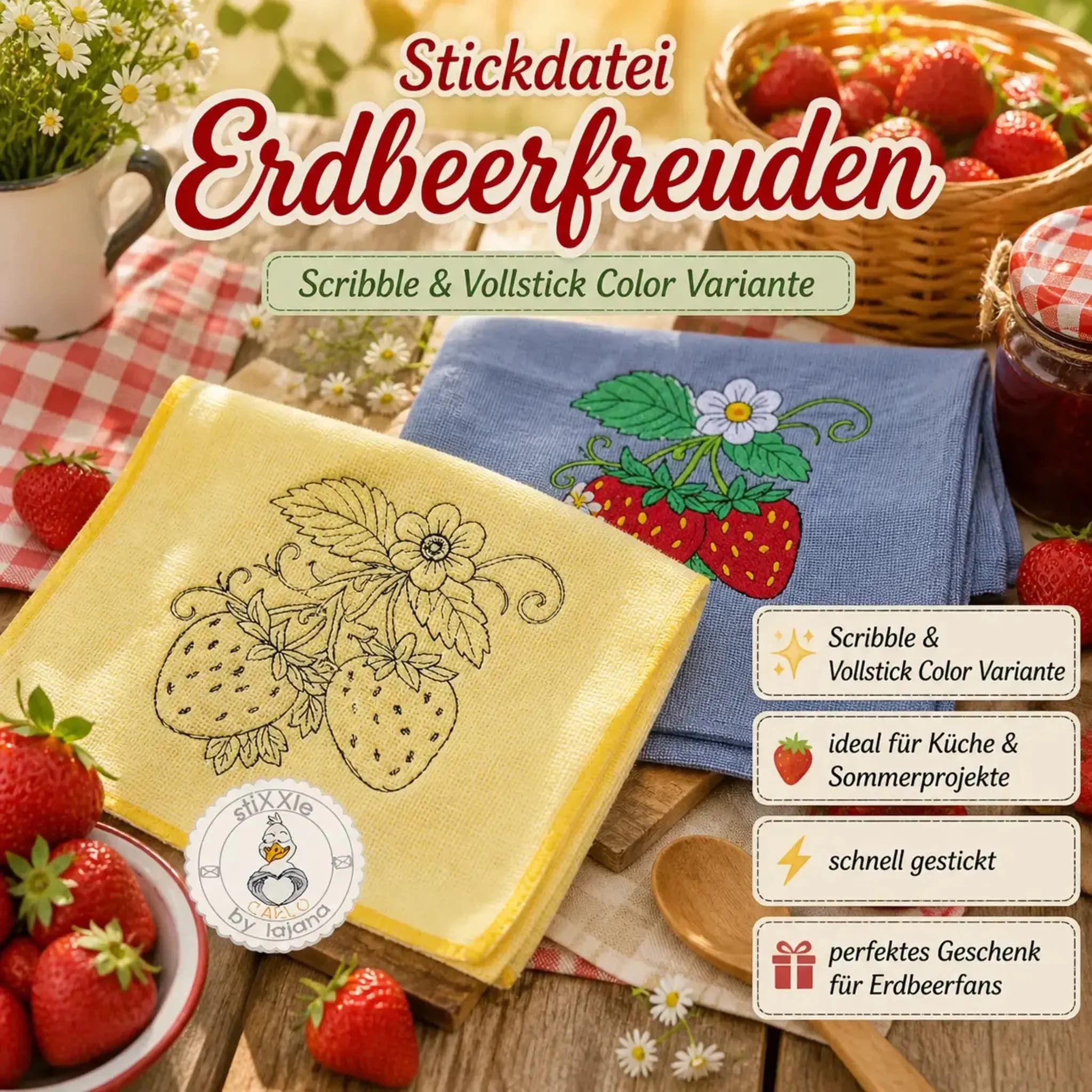 Stickdatei Erdbeerfreuden 🍓 – Scribble & Vollstick