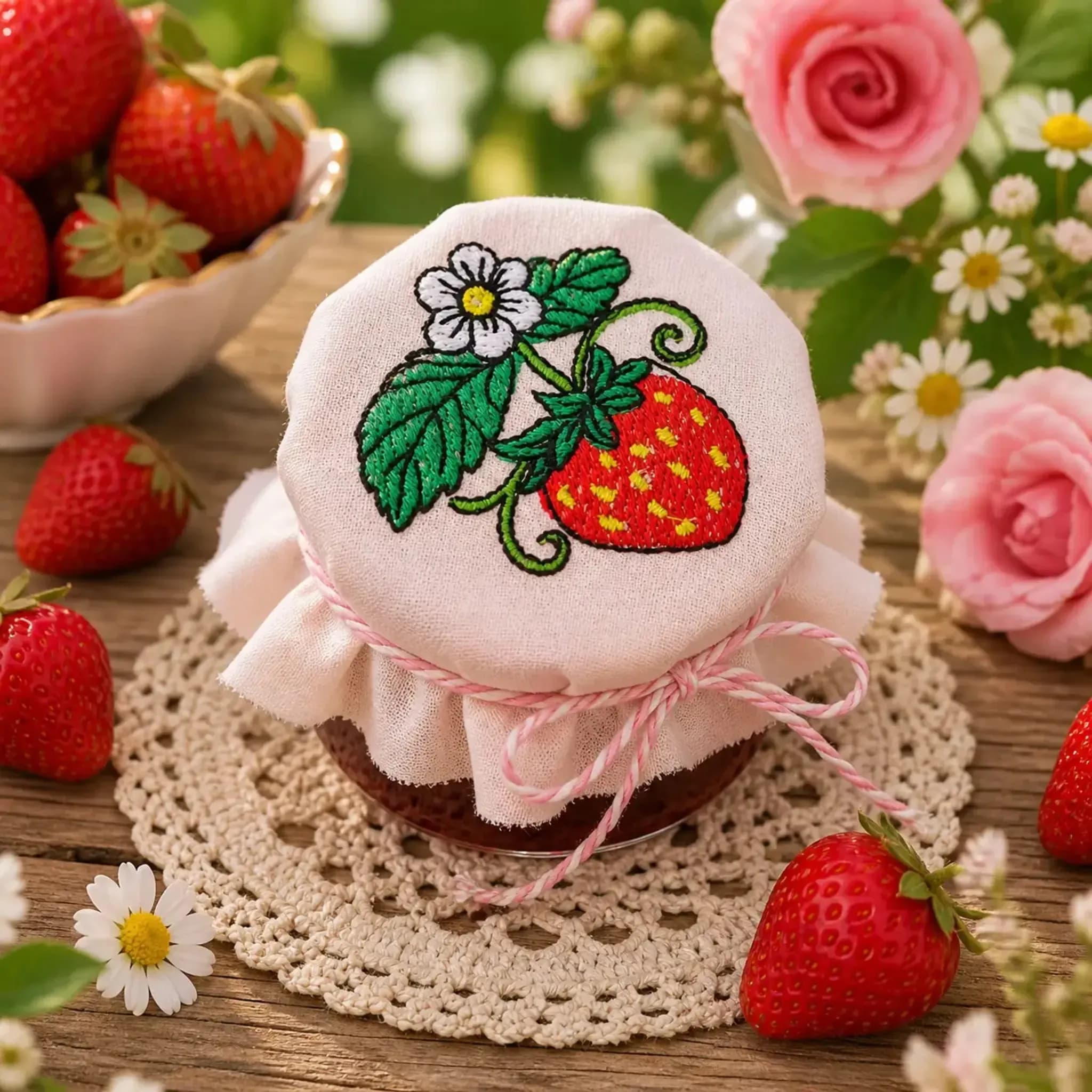 Stickdatei Erdbeere 🍓 – Glasdeckel für Marmeladenglas in 2 Größen 2
