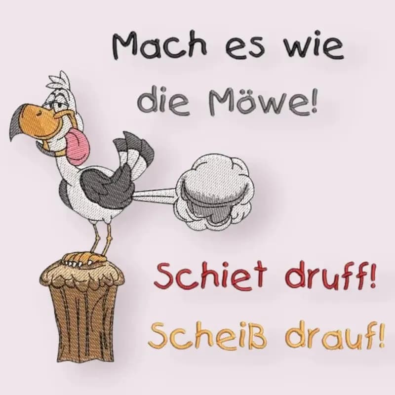 Stickdatei lustige Möwe Carlo mit Spruch