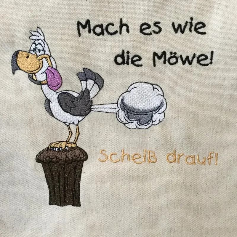Stickdatei lustige Möwe Carlo mit Spruch