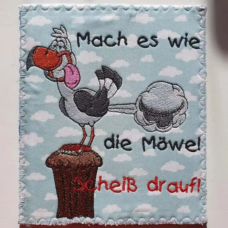 Stickdatei lustige Möwe Carlo mit Spruch