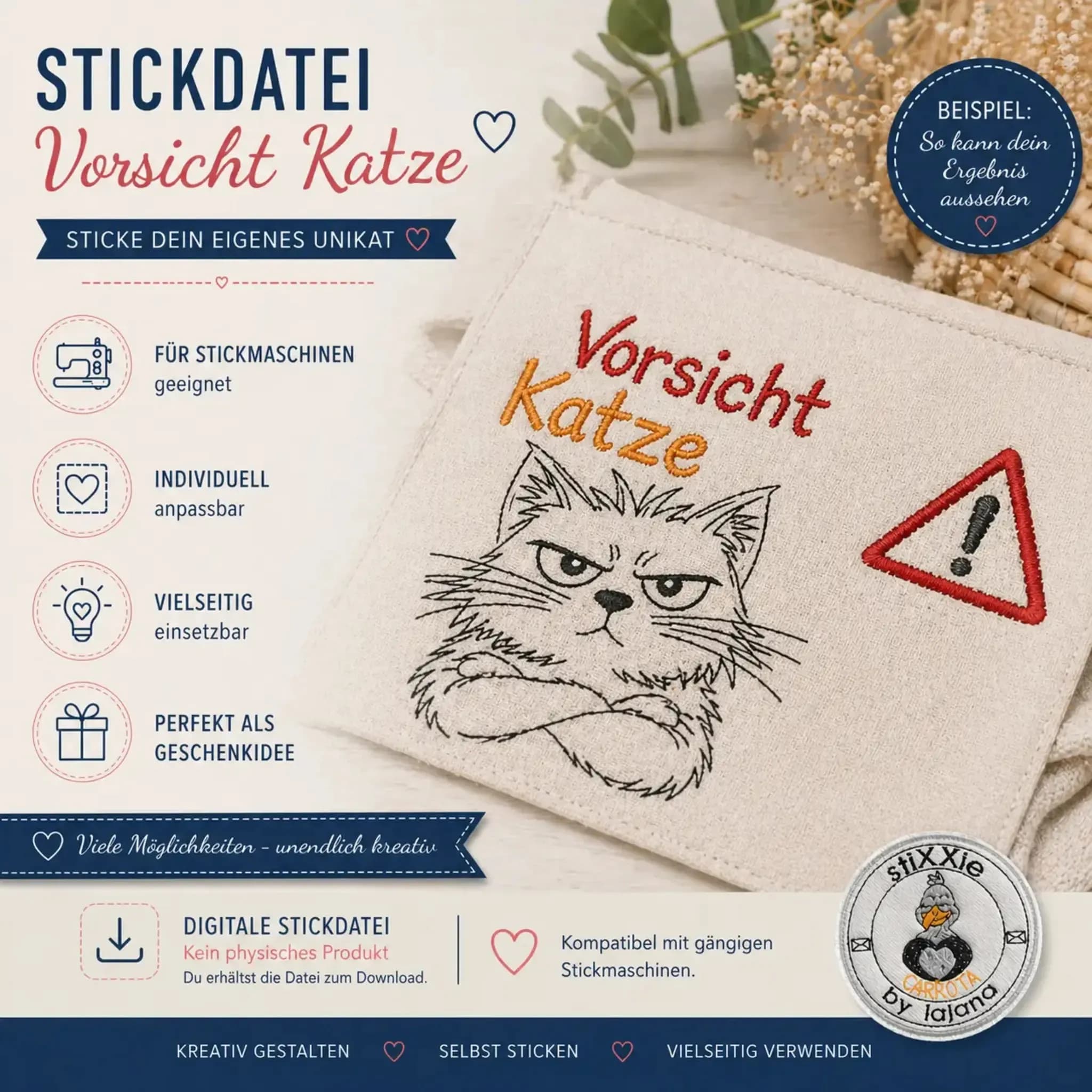 Stickdatei Vorsicht Katze 3