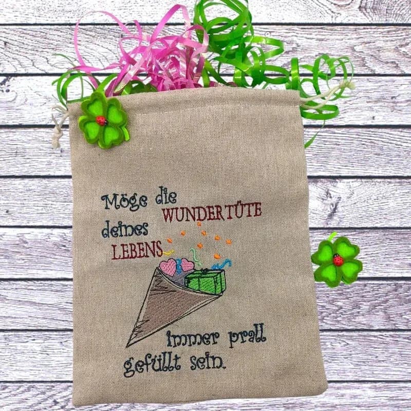 Stickdatei Wundertüte mit Spruch