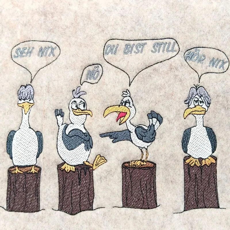 Lustige Möwe Stickdatei – Humorvolle Küstenmotive für Kleidung & Taschen