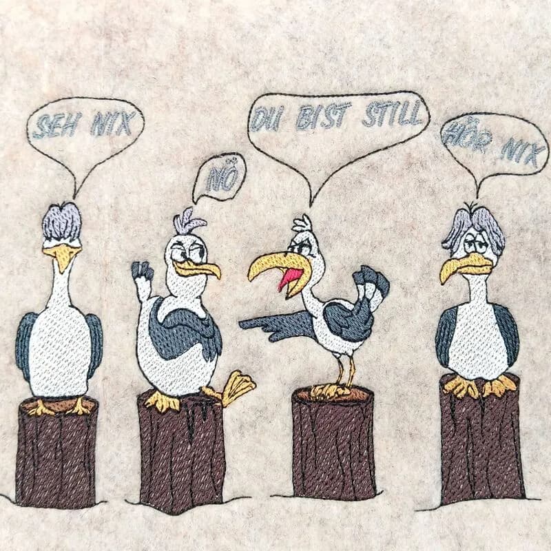 Lustige Möwe Stickdatei – Humorvolle Küstenmotive für Kleidung & Taschen