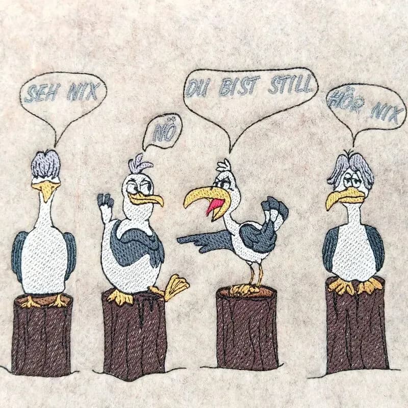 Lustige Möwe Stickdatei – Humorvolle Küstenmotive für Kleidung & Taschen