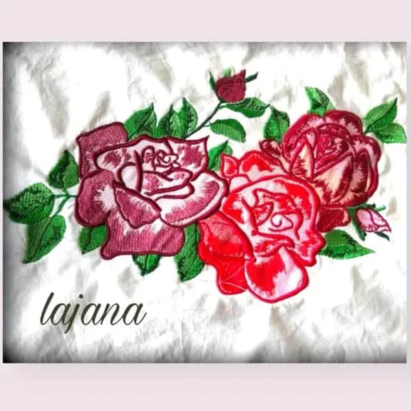 Premium rose arrangement embroidery design with three detailed roses and buds, digitized from original painting, available for instant download in all machine formats
