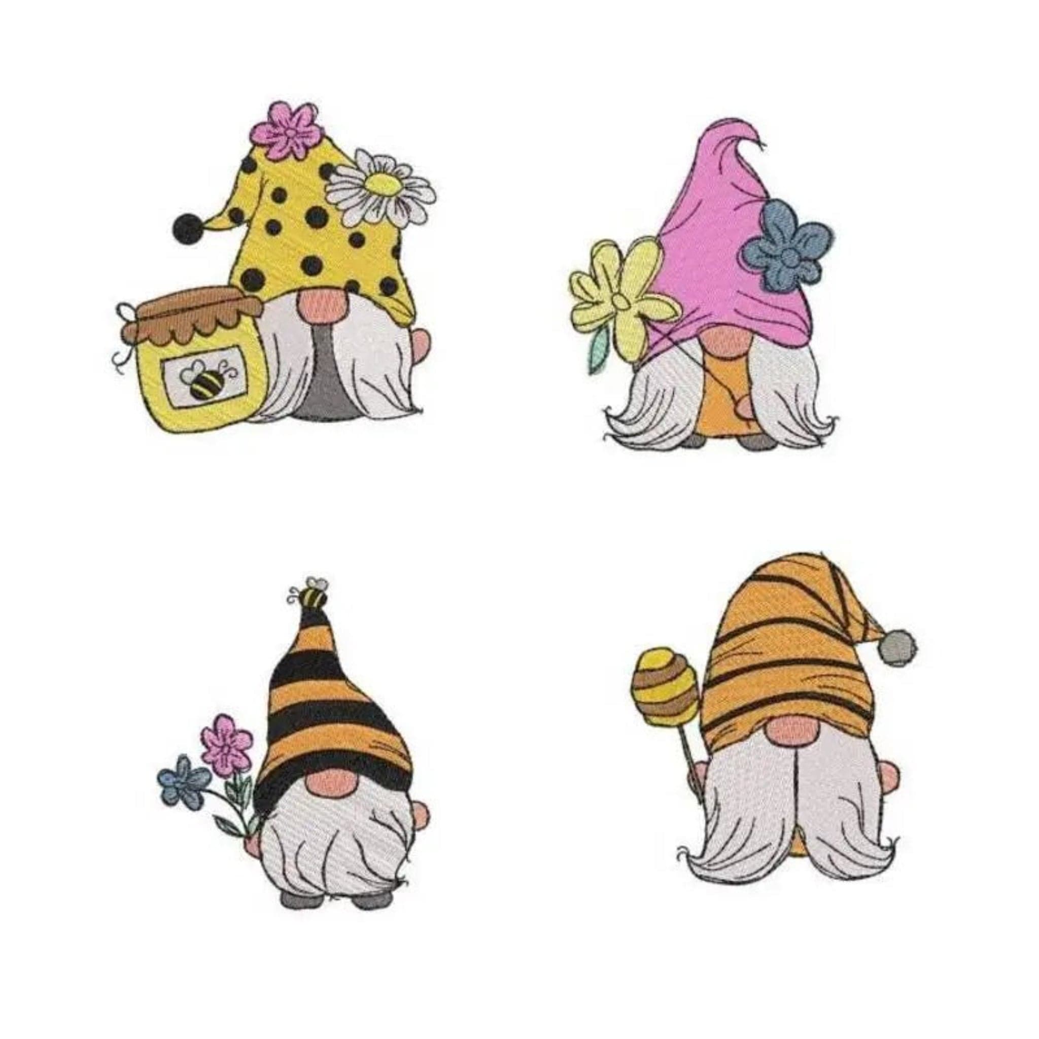 Frühlingswichtel Stickdatei mit 4 süßen Motiven - Honigtopf, Bienen, Blumen - Vollstick für Frühlingsdeko und Kindersachen - Sofort-Download