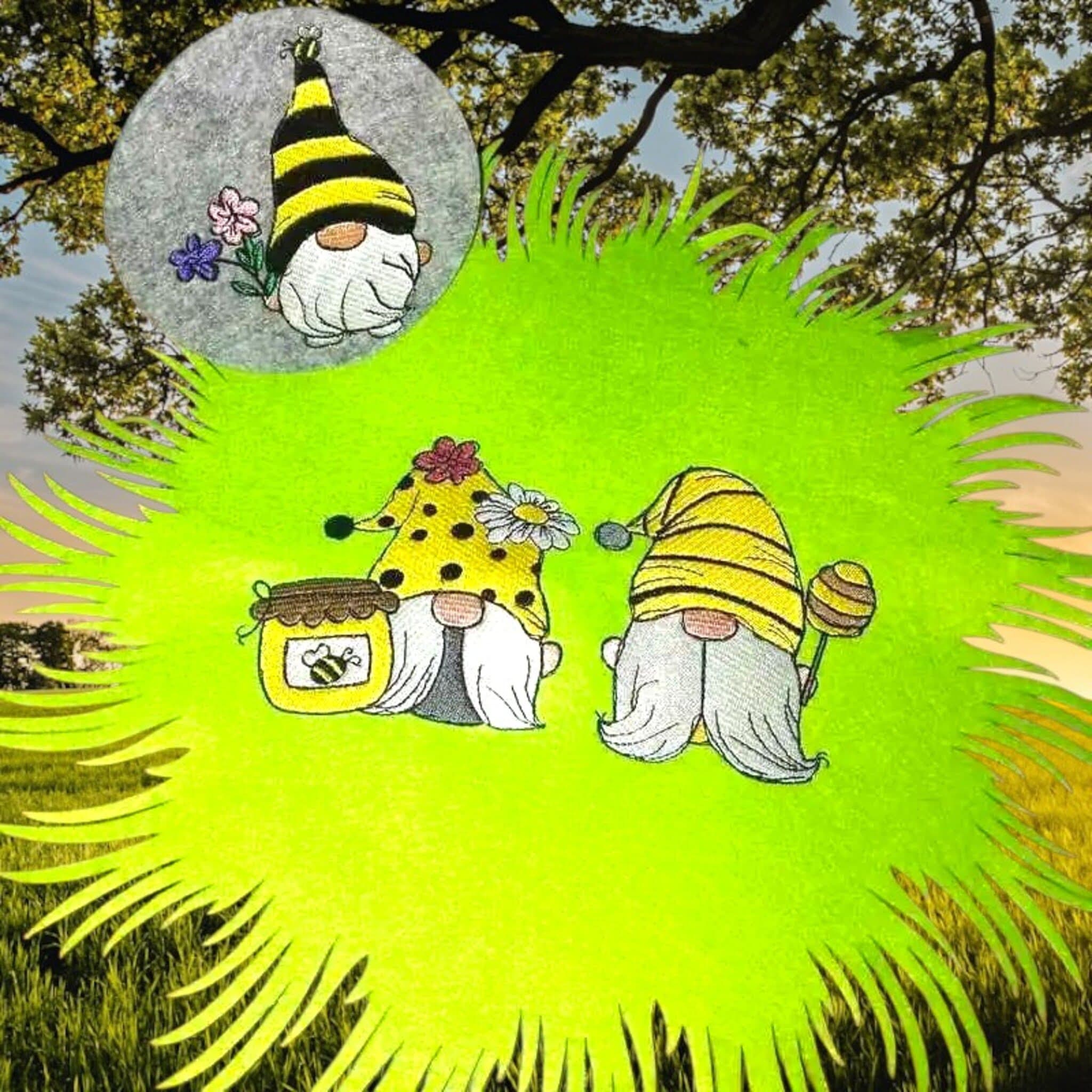 Frühlingswichtel Stickdatei mit 4 süßen Motiven - Honigtopf, Bienen, Blumen - Vollstick für Frühlingsdeko und Kindersachen - Sofort-Download