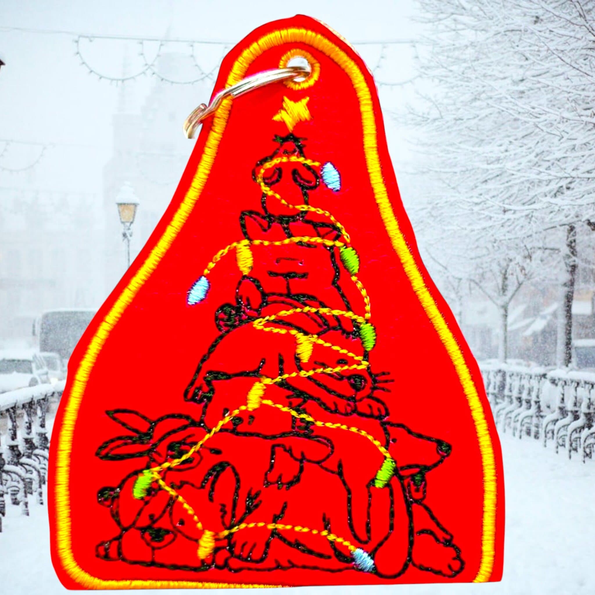 Stickdatei Weihnachten tierisch - ITH Scribble-Design mit süßen Tieren und Lichterkette für Topflappen, Anhänger und Deko