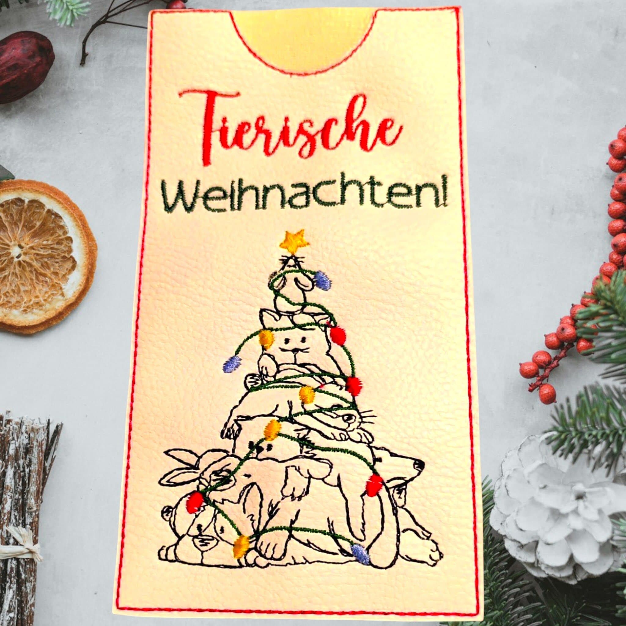 Stickdatei Weihnachten tierisch - ITH Scribble-Design mit süßen Tieren und Lichterkette für Topflappen, Anhänger und Deko