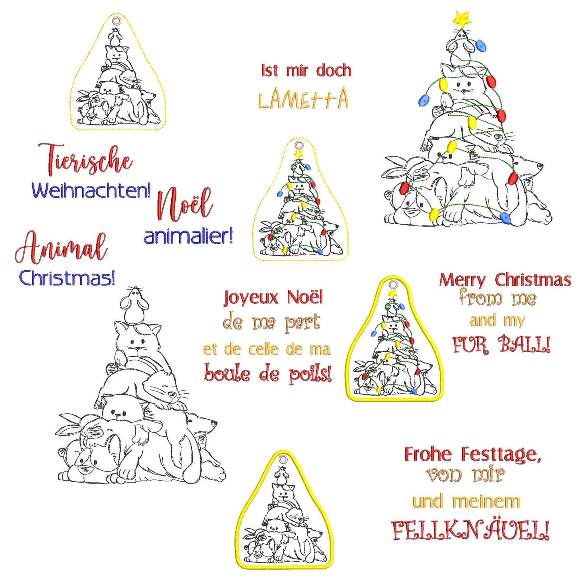 Stickdatei Weihnachten tierisch - ITH Scribble-Design mit süßen Tieren und Lichterkette für Topflappen, Anhänger und Deko