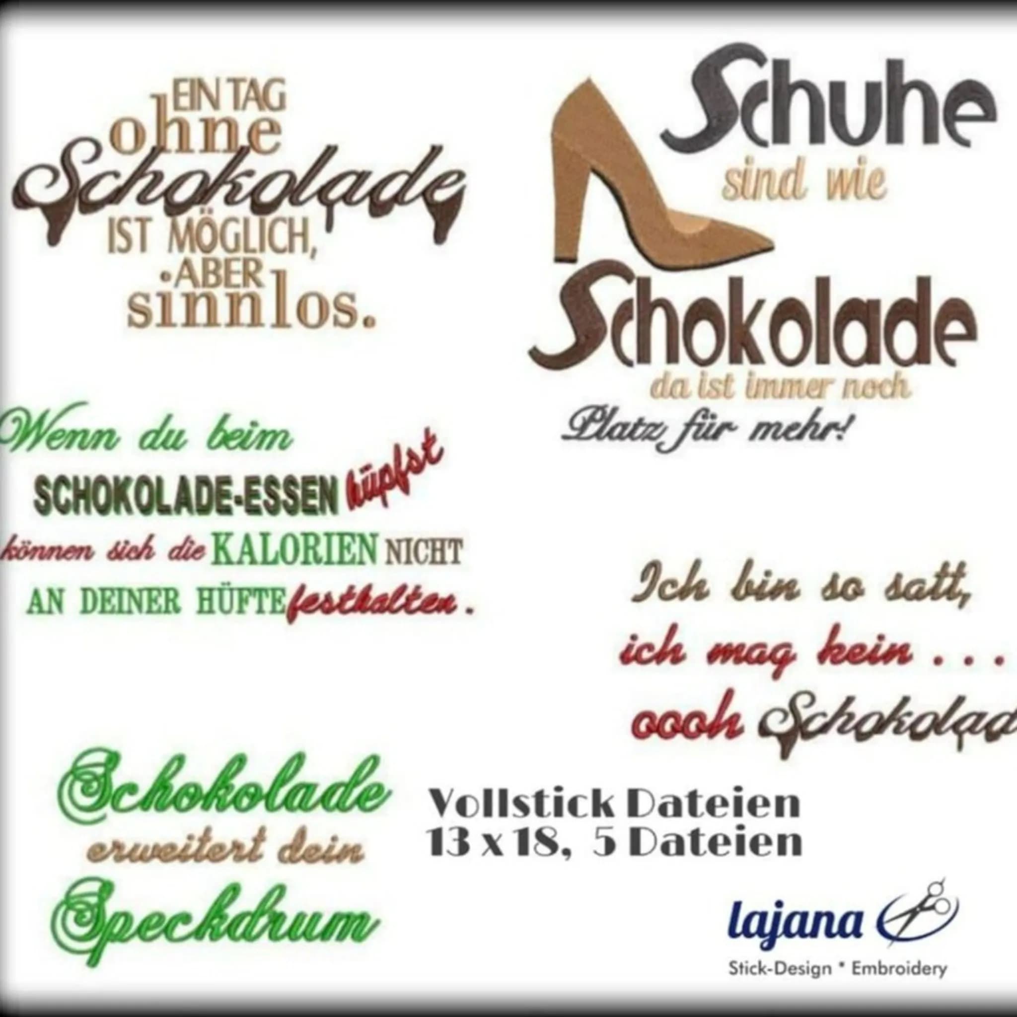 Schokoladen-Sprüche Stickdatei Mega Set mit 9 lustigen Sprüchen für Schokoladenhüllen, Valentinstag und Geschenkverpackungen - Vollstick 10x10 und 13x18