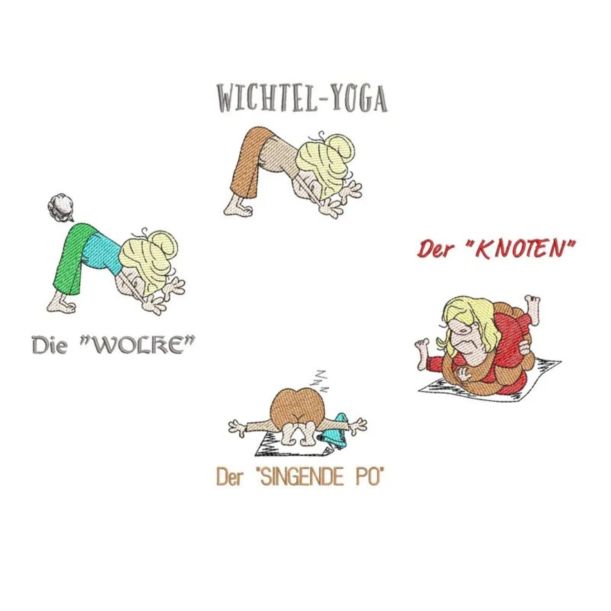 Wichtel Yoga Stickdatei frech - 3 witzige ITH Motive für Sport- und Yoga-Fans - 10x10cm, 13x18cm und Anhänger - Sofort-Download