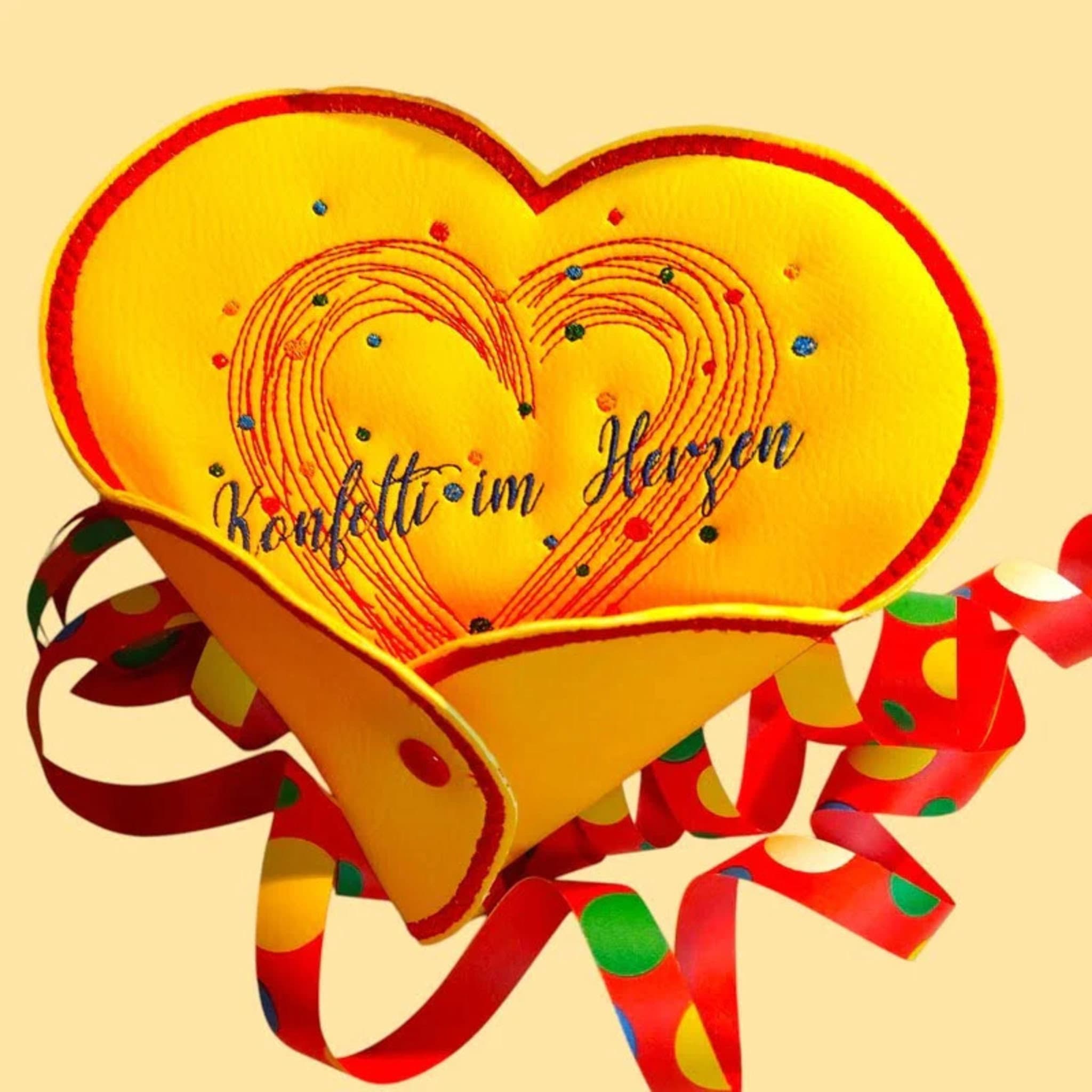 Stickdatei Konfetti im Herzen - Fröhliche herzförmige Konfetti-Elemente in bunten Farben für Muttertag, Valentinstag und Geschenke