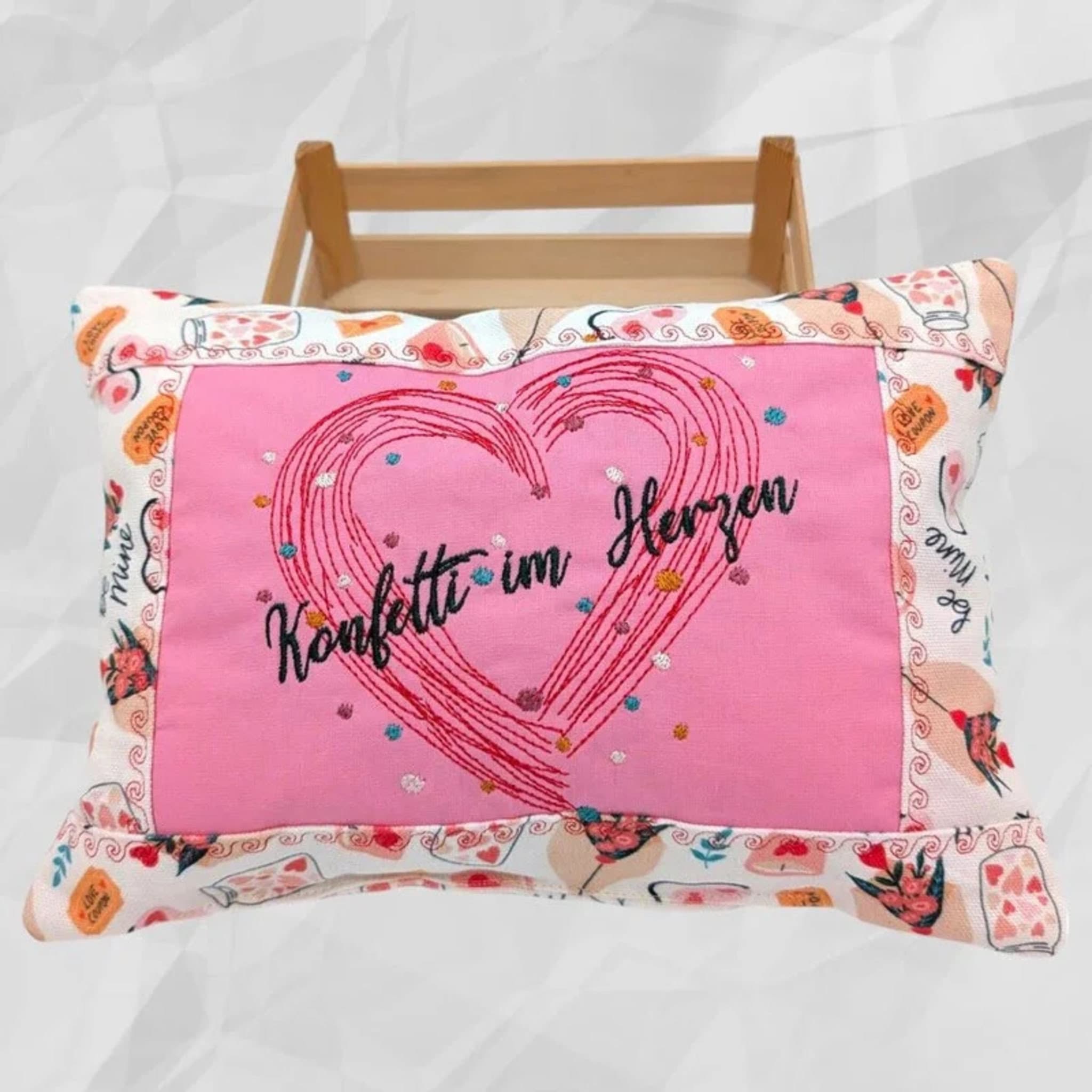 Stickdatei Konfetti im Herzen - Fröhliche herzförmige Konfetti-Elemente in bunten Farben für Muttertag, Valentinstag und Geschenke