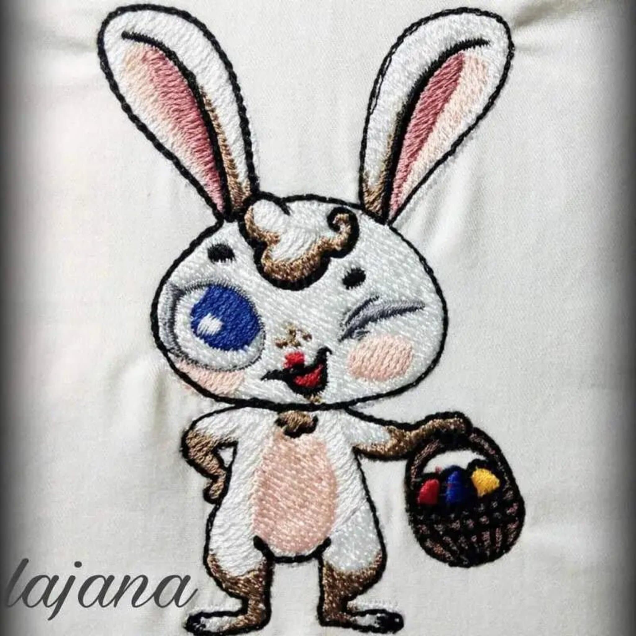 Stickdatei Hase mit Osterkorb – Süße Osterdeko für Stickmaschine in 2 Größen, Vollstick-Datei für Kissen, Decken und Kinderkleidung
