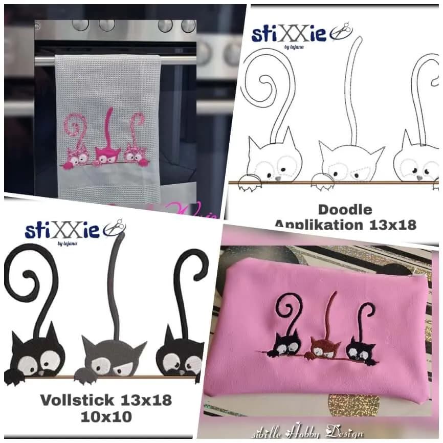 Stickdatei Katze Katzentrio Doodle Applikation