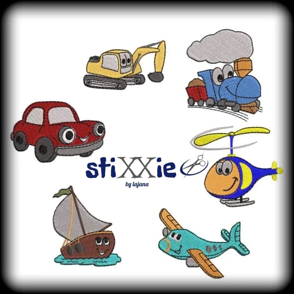 Stickdatei Bagger-Auto-Flugzeug Set 6-teilig