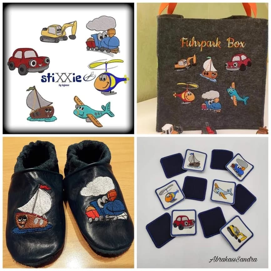 Stickdatei Bagger-Auto-Flugzeug Set 6-teilig