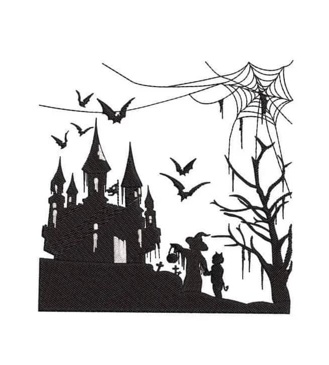 Stickdatei Gruselschloss im Scherenschnitt-Stil