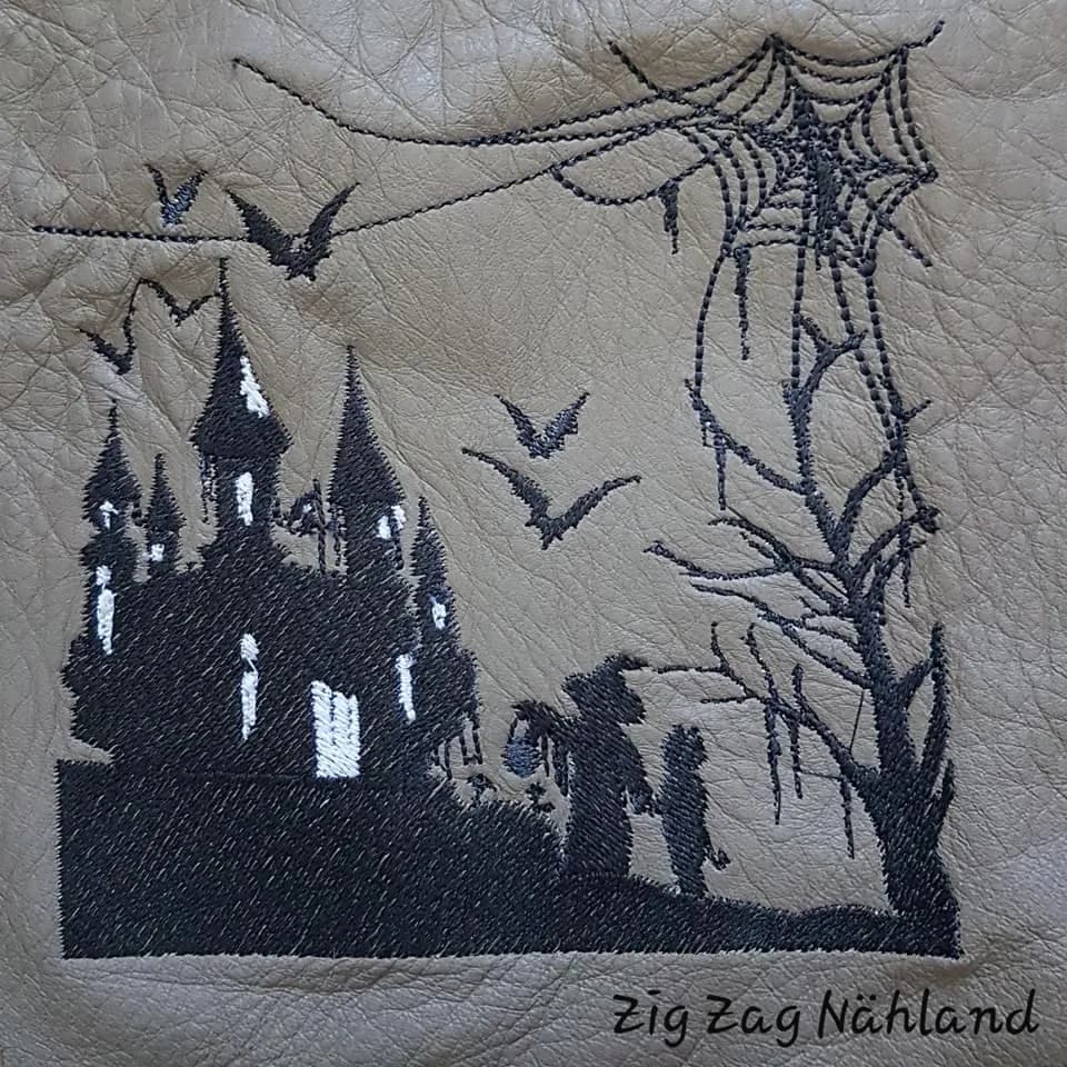 Stickdatei Gruselschloss im Scherenschnitt-Stil