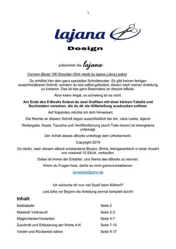 Carmenbluse Schnittmuster E-Book lajana Off-Shoulder-Shirt