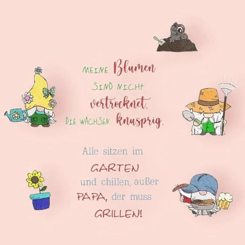 Stickdatei Garten- und Grillwichtel mit Sprüchen