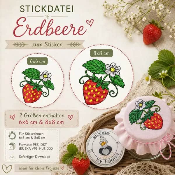 Stickdatei Erdbeere 🍓 – Glasdeckel für Marmeladenglas in 2 Größen