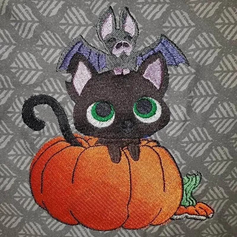 Stickdatei Halloween Kürbis, Katze, Fledermaus