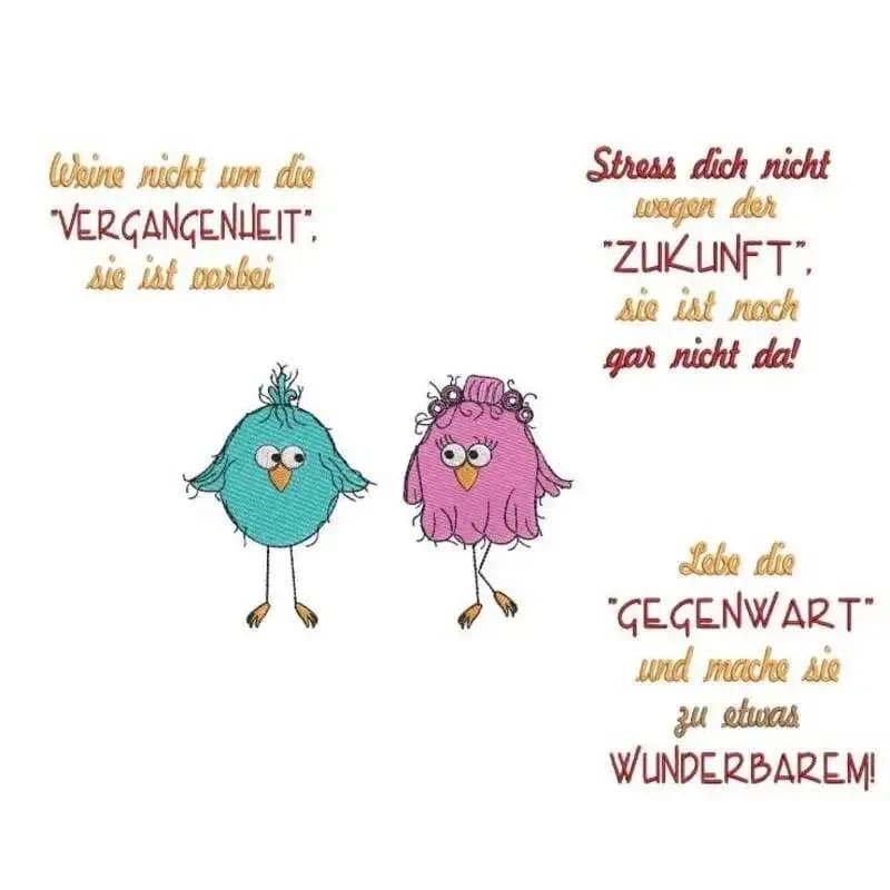 Stickdatei lustige Vogelfamilie stiXX mit Sprüchen