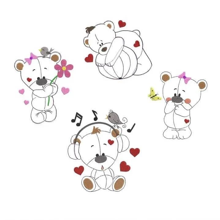 Stickdatei Bären Set Doodleapplikation 4-er Set
