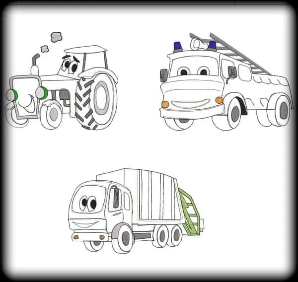 Stickdatei Feuerwehr Traktor Müllauto Set