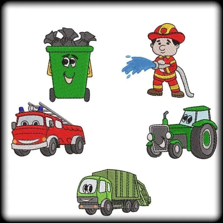 Stickdatei Traktor-Feuerwehrauto-Feuerwehrmann Set